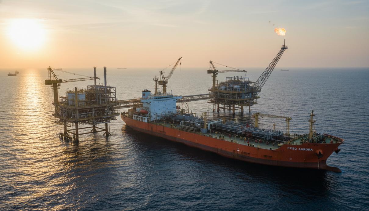 Массивная плавучая установка для добычи и хранения нефти и газа на фоне морского горизонта