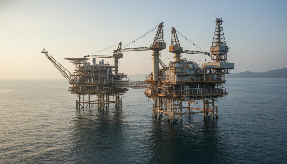 Газовая добывающая платформа с промышленными кранами и трубопроводами в море у берегов Вьетнама