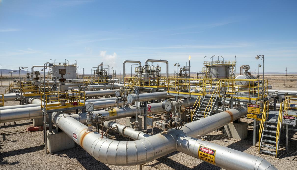 Промышленные узлы нефтегазового оборудования с манометрами и желто-черной предупреждающей разметкой