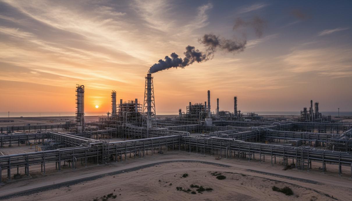 Промышленные установки завода Pearl GTL в Рас-Лаффане с задымлением на фоне нефтеперерабатывающих мощностей