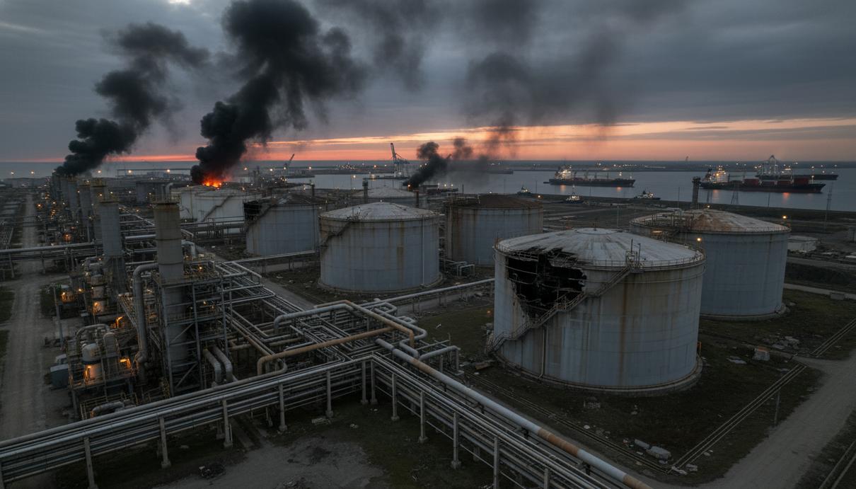 Индустриальный пейзаж завода сжиженного природного газа с поднимающимся дымом на фоне заката