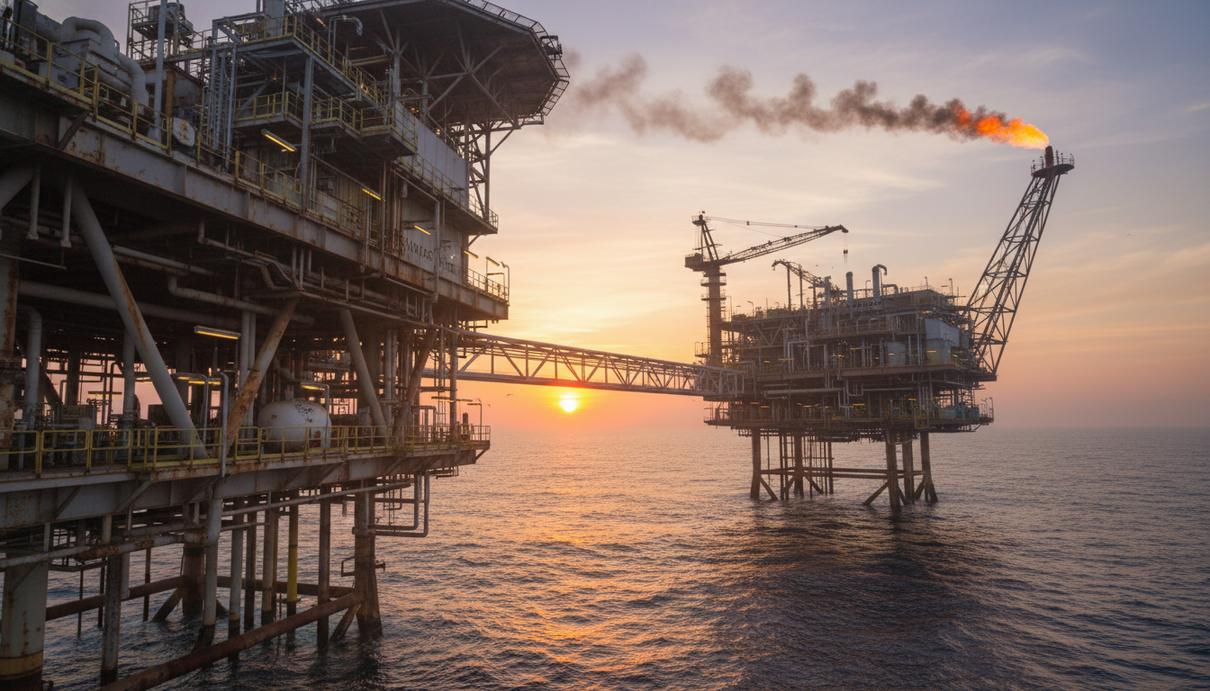 Промышленная морская платформа для добычи газа в открытом море в лучах восходящего солнца.