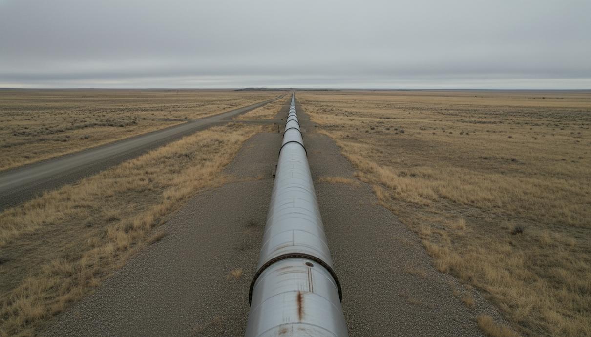 Участок нефтепровода среди засушливой прерии под пасмурным небом, металлическая труба и гравийная дорога