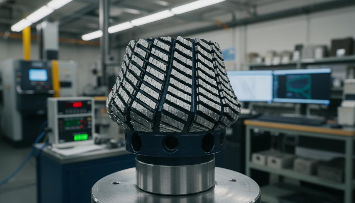 Крупный план современного бурового долота с инновационной формой резцов в технической лаборатории