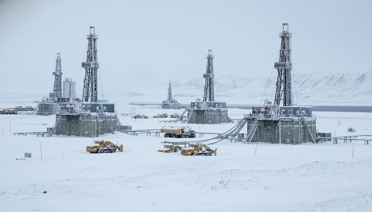 Нефтедобывающая вышка и промышленная техника в заснеженной арктической тундре Аляски