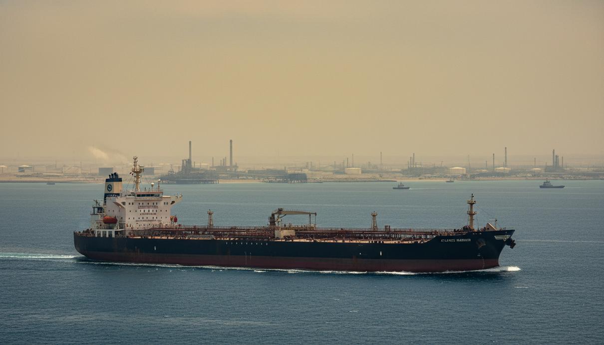 Крупный нефтяной танкер проходит по морю в районе Ормузского пролива на фоне береговой линии