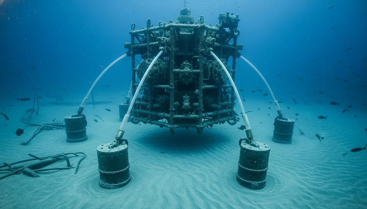 Подводный противовыбросовый превентор с системой натяжных связей на мягком грунте морского дна