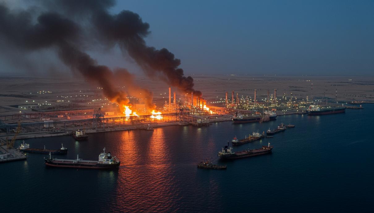 Нефтегазовый терминал в Персидском заливе с огнями и густым дымом от пожара на фоне ночного неба.