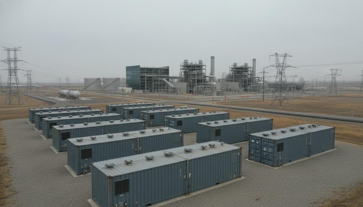 Промышленный пейзаж с газовой электростанцией и крупными блоками систем накопления энергии
