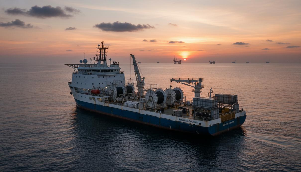 Судно сейсмической разведки с оборудованием на палубе в открытом море на фоне закатного неба