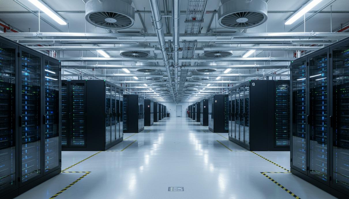 Просторное помещение современного высокотехнологичного склада с рядами серверных стоек и промышленным оборудованием