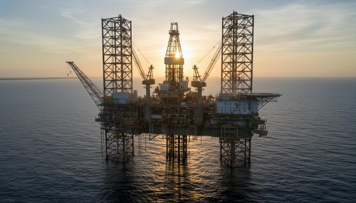 Морская буровая нефтяная платформа в открытом море на фоне восходящего солнца