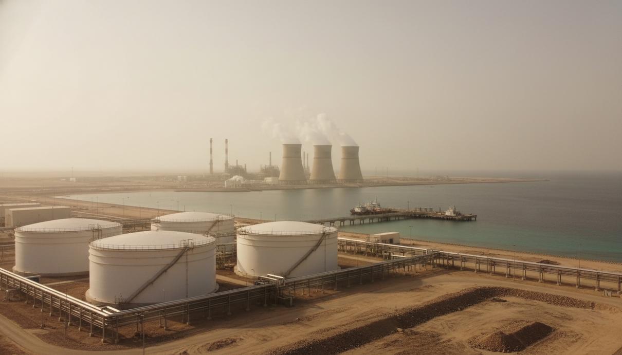 Огромные металлические резервуары и трубопроводы промышленного газового терминала на морском побережье