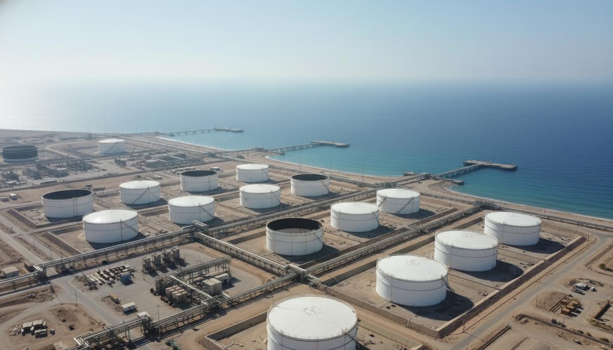 Нефтяные резервуары и пустые причалы экспортного терминала на побережье залива в солнечный день.