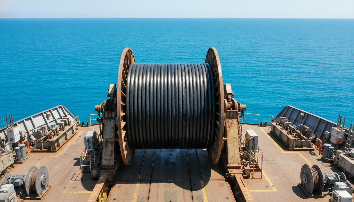 Массивный электрический кабель на палубе специализированного судна в Средиземном море
