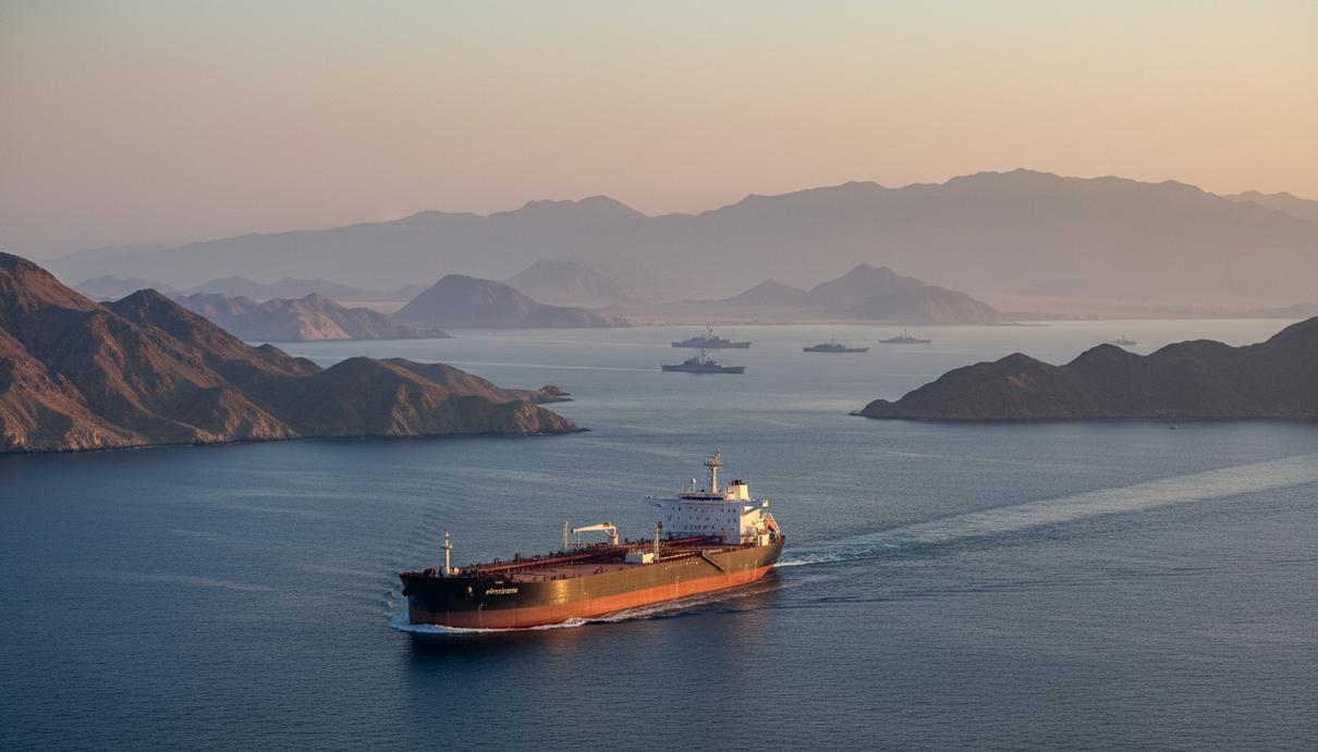 Нефтяной танкер и военные корабли в Ормузском проливе на фоне пустынного побережья