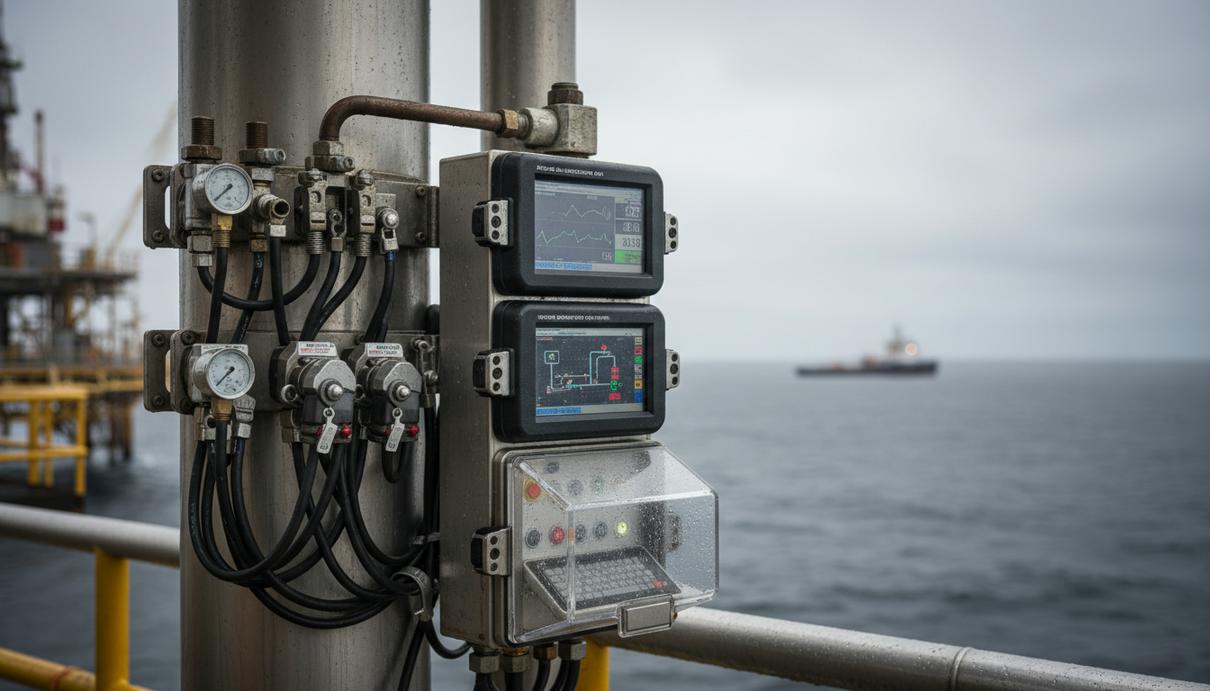 Датчики и мониторы системы промышленного контроля на фоне сложного оборудования нефтяной платформы.