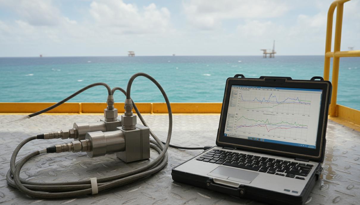 Промышленный ноутбук с графиками и датчики давления на палубе морской нефтяной платформы.