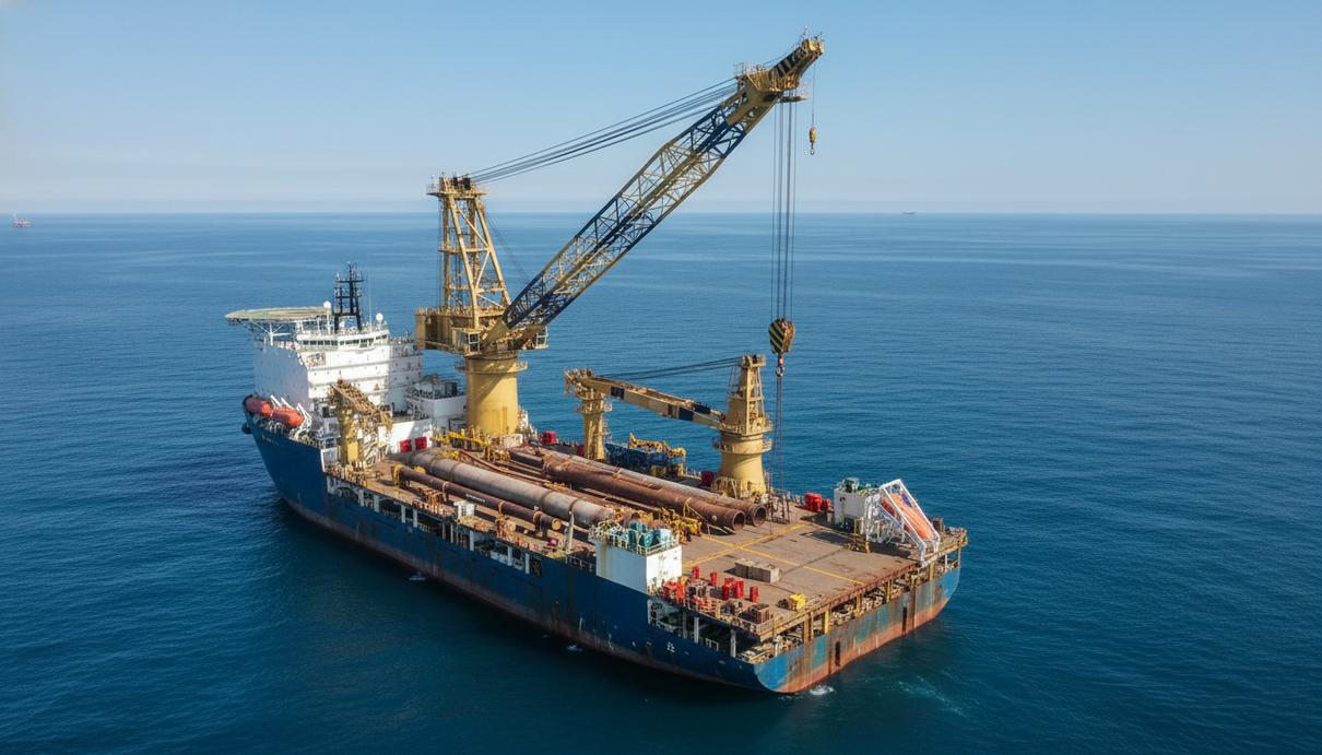 Офшорное строительное судно с тяжелым краном на палубе в открытом море