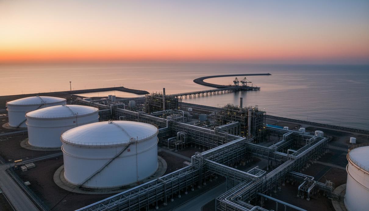 Промышленный терминал сжиженного природного газа с резервуарами и трубопроводами на берегу моря