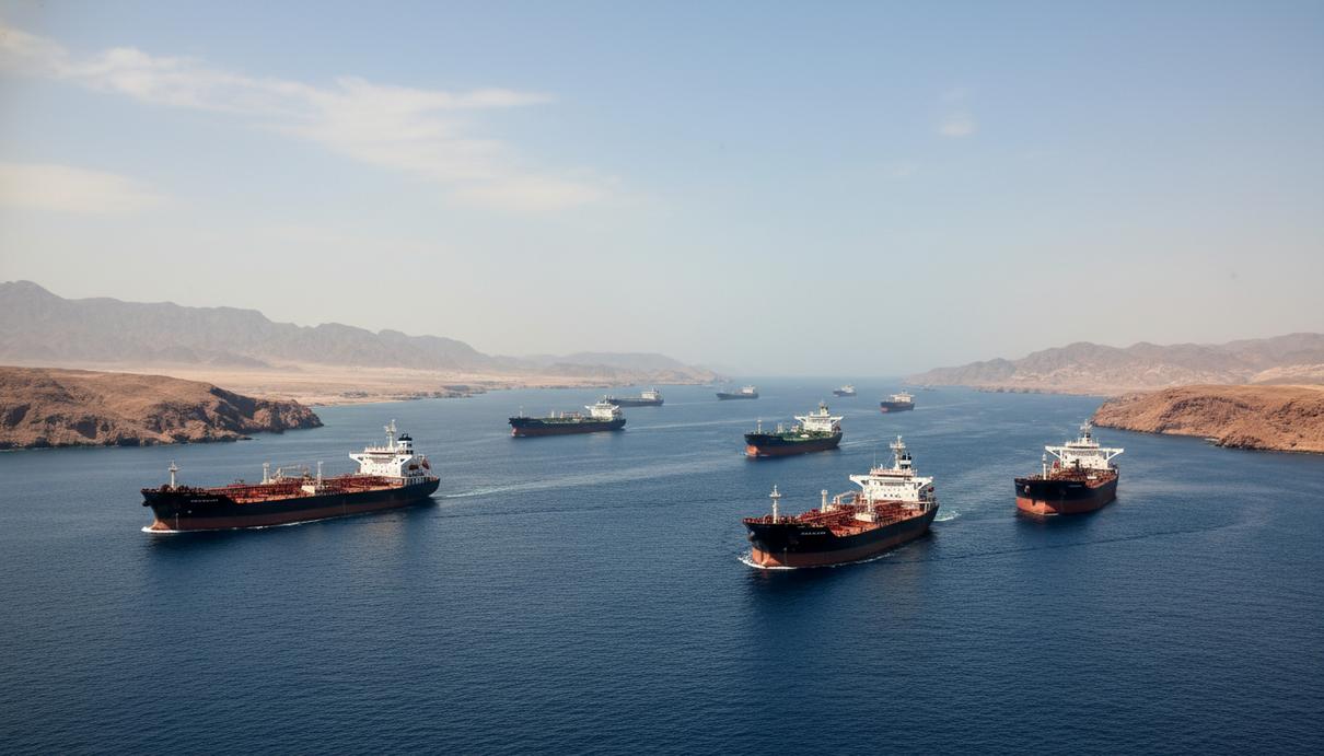 Нефтяные танкеры проходят через узкий морской пролив между высокими скалистыми берегами.