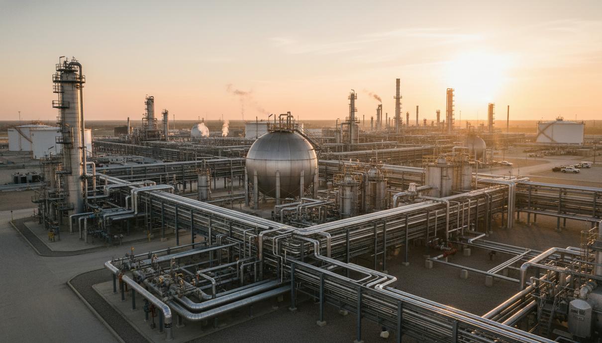 Промышленные корпуса и переплетение стальных труб нефтеперерабатывающего завода на рассвете