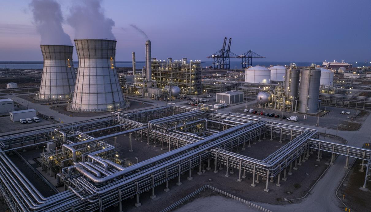 Промышленный вид на экспортный терминал сжиженного природного газа с системой трубопроводов в сумерках