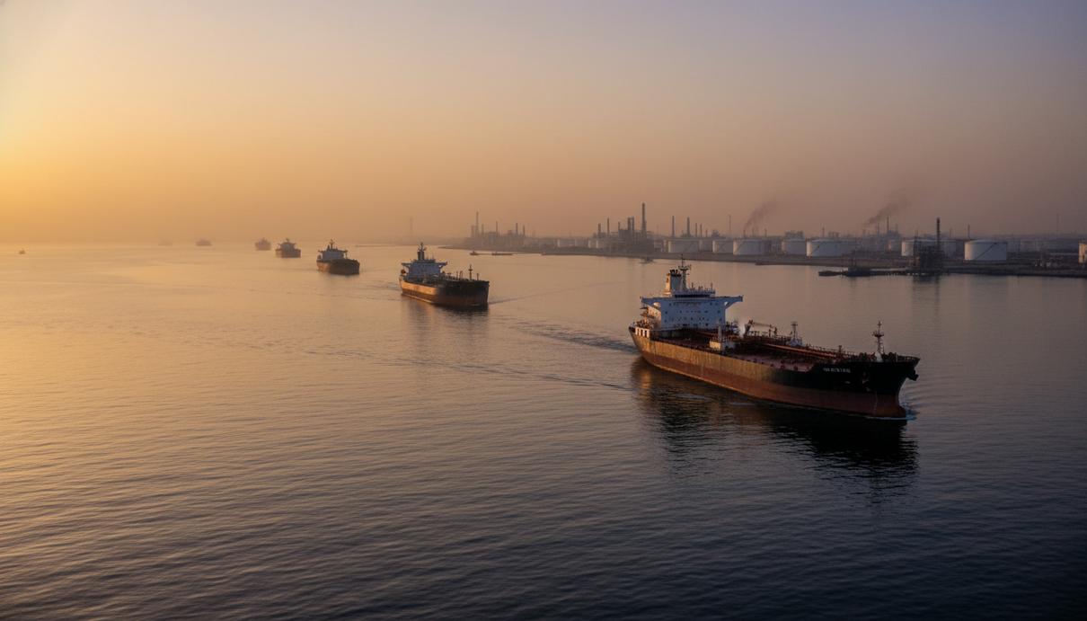 Грузовые танкеры в морском проливе на фоне береговых нефтехранилищ и индустриальных сооружений