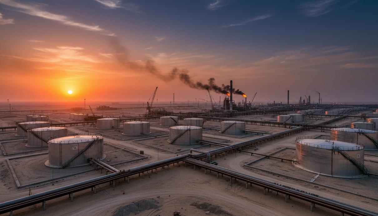 Промышленный вид на нефтяные терминалы и трубопроводы в пустыне в лучах закатного солнца.