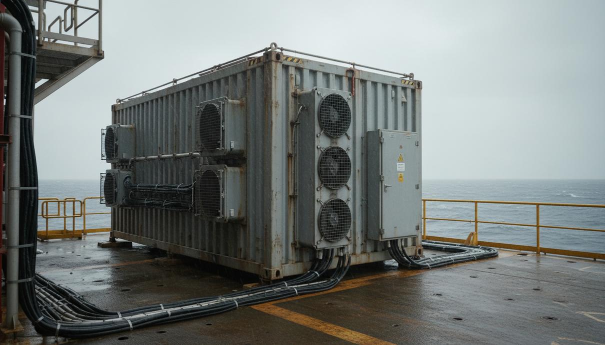 Модульный промышленный контейнер центра обработки данных на палубе морской нефтяной платформы