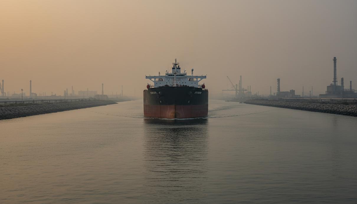 Крупнотоннажный нефтяной танкер идет по морю в условиях плохой видимости и дымки