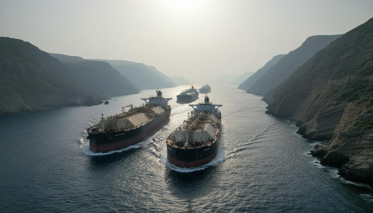 Нефтяные танкеры и газовозы проходят через узкий морской пролив между высокими скалами