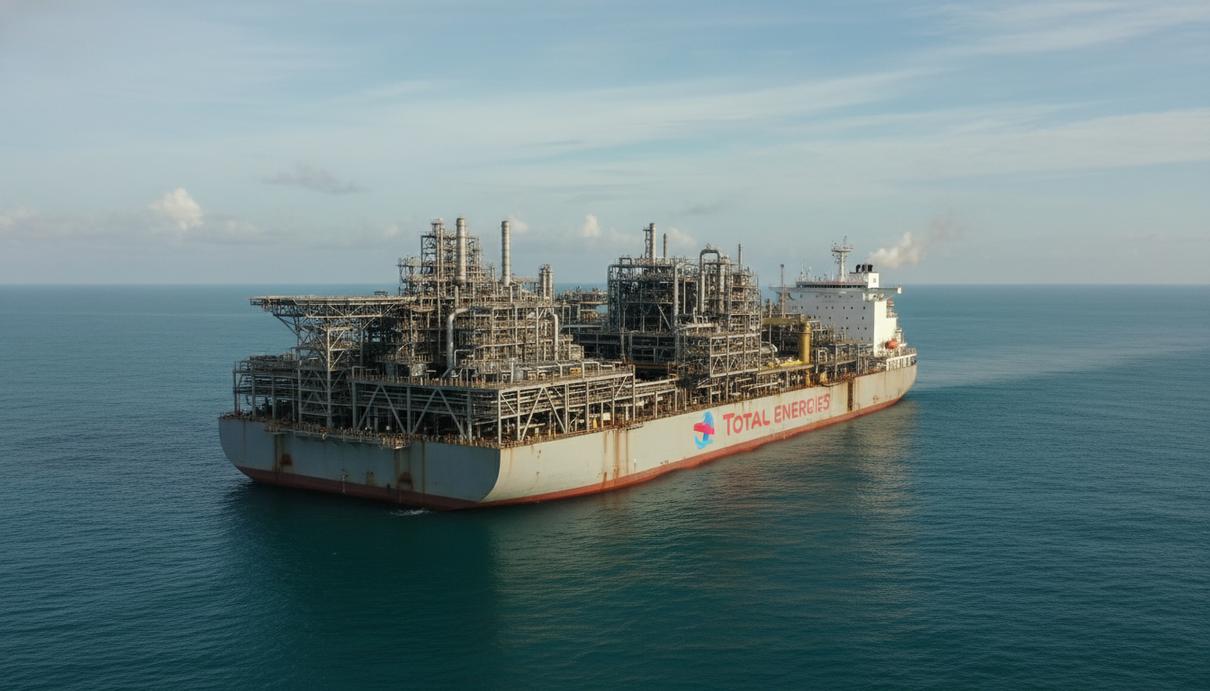 Массивное промышленное судно для морской добычи нефти и газа с системой труб на палубе в открытом море