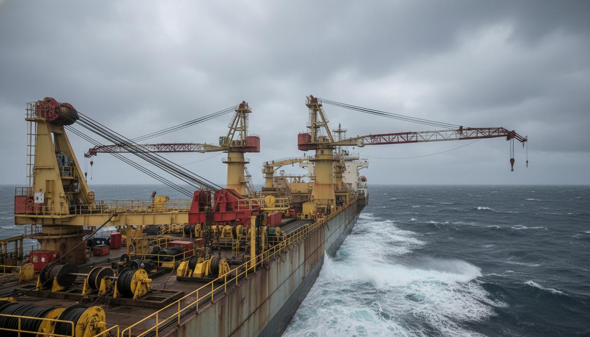 Палубные краны и промышленное оборудование на нефтяной платформе в Северном море в пасмурную погоду
