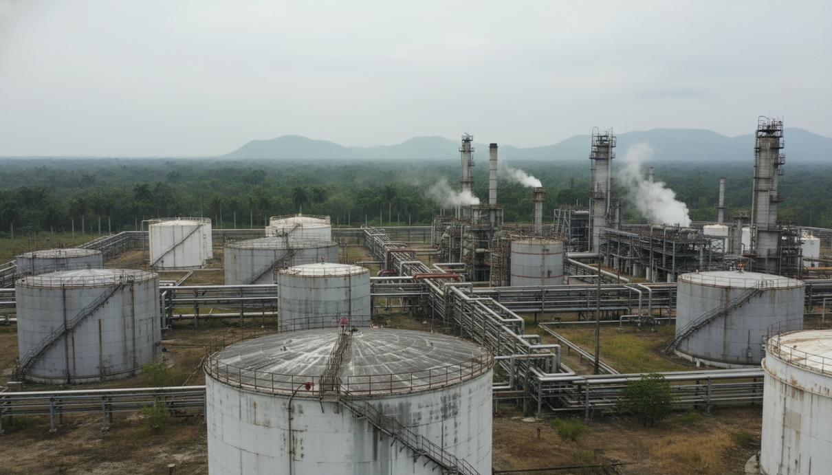 Индустриальный пейзаж с нефтяными резервуарами и трубопроводами на фоне тропического неба в Венесуэле