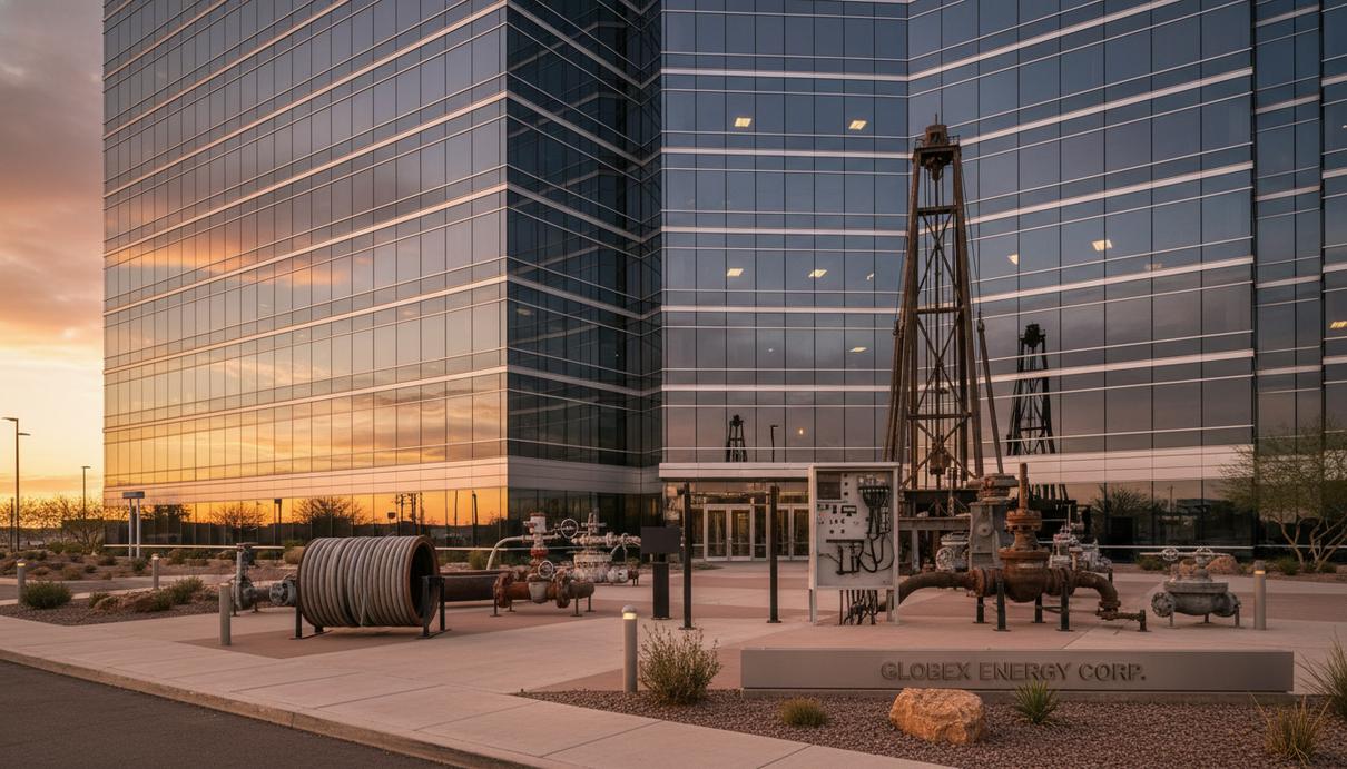 Современное офисное здание из стекла и стали на фоне вечернего неба и элементов промышленного оборудования.