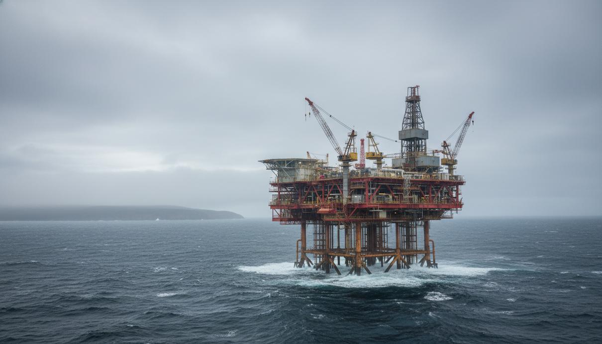Промышленная нефтяная платформа на шельфе в Атлантическом океане под пасмурным небом