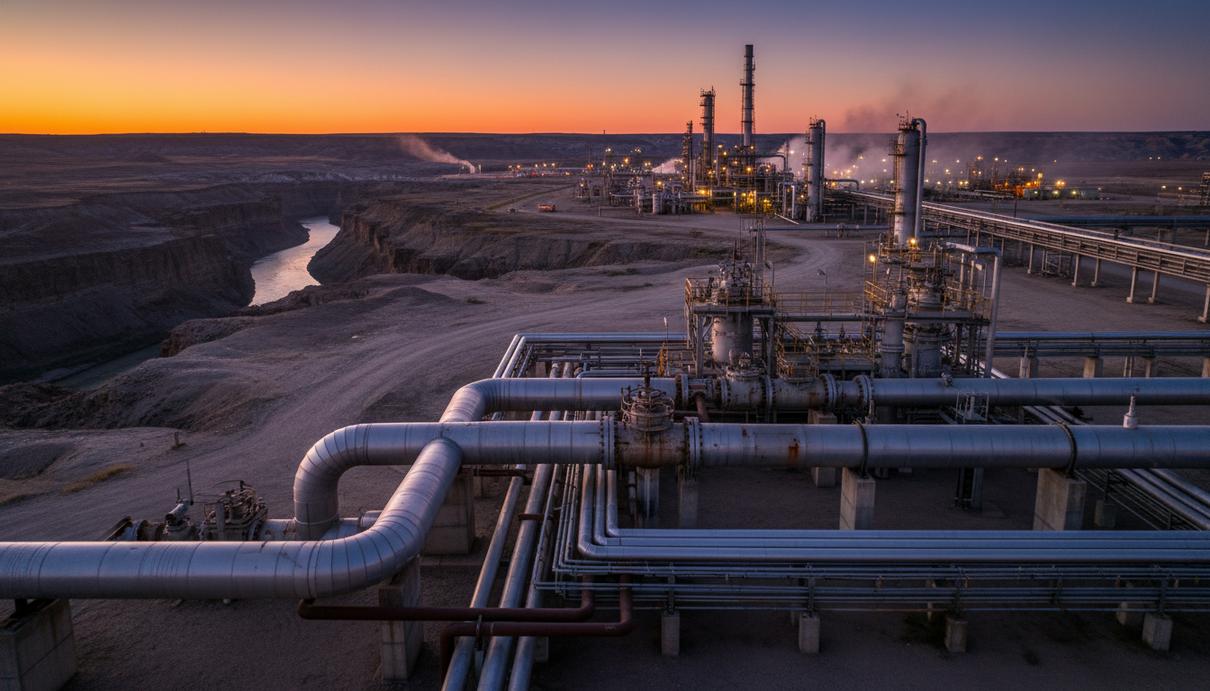 Промышленный объект с сетью стальных трубопроводов на фоне обширных равнин Альберты в сумерках