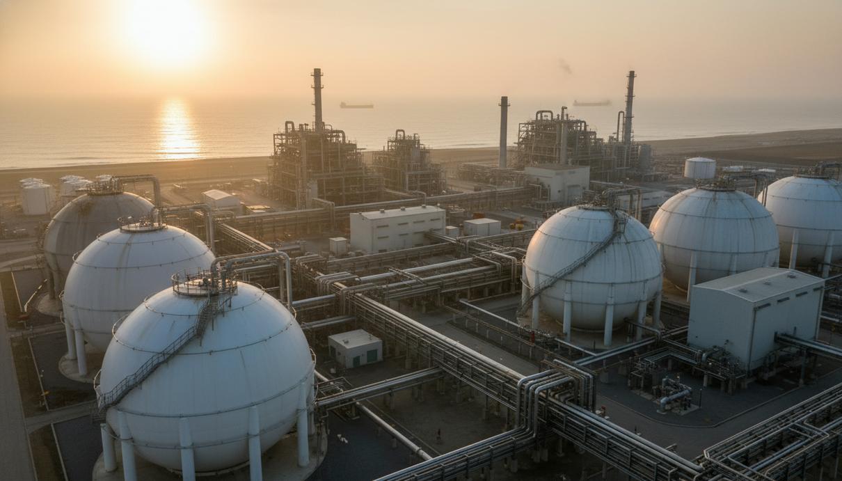 Промышленный пейзаж терминала по сжижению природного газа со стальными резервуарами и трубопроводами на побережье.
