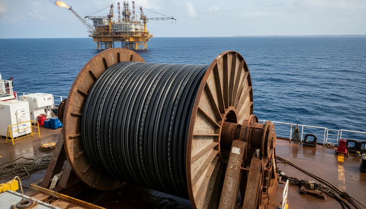 Промышленная катушка с черной композитной трубой на борту судна в открытом море