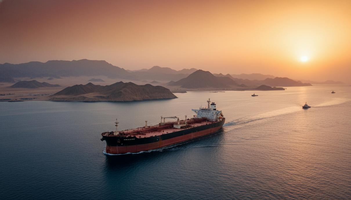 Грузовой танкер в водах Ормузского пролива на фоне прибрежных скал в лучах закатного солнца