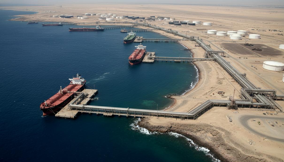 Нефтяной терминал на берегу Красного моря с танкерами у причалов и промышленными резервуарами