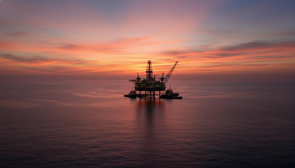 Буровая платформа в открытом океане у побережья Сьерра-Леоне на фоне вечернего неба