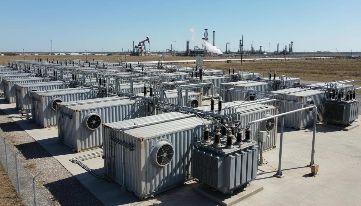 Промышленные модульные блоки центра обработки данных на фоне оборудования нефтегазового завода