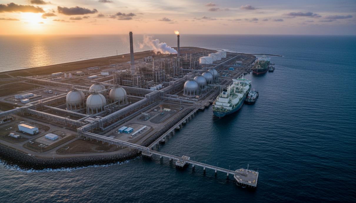 Промышленный вид на терминал по сжижению природного газа с резервуарами и сетью трубопроводов на берегу