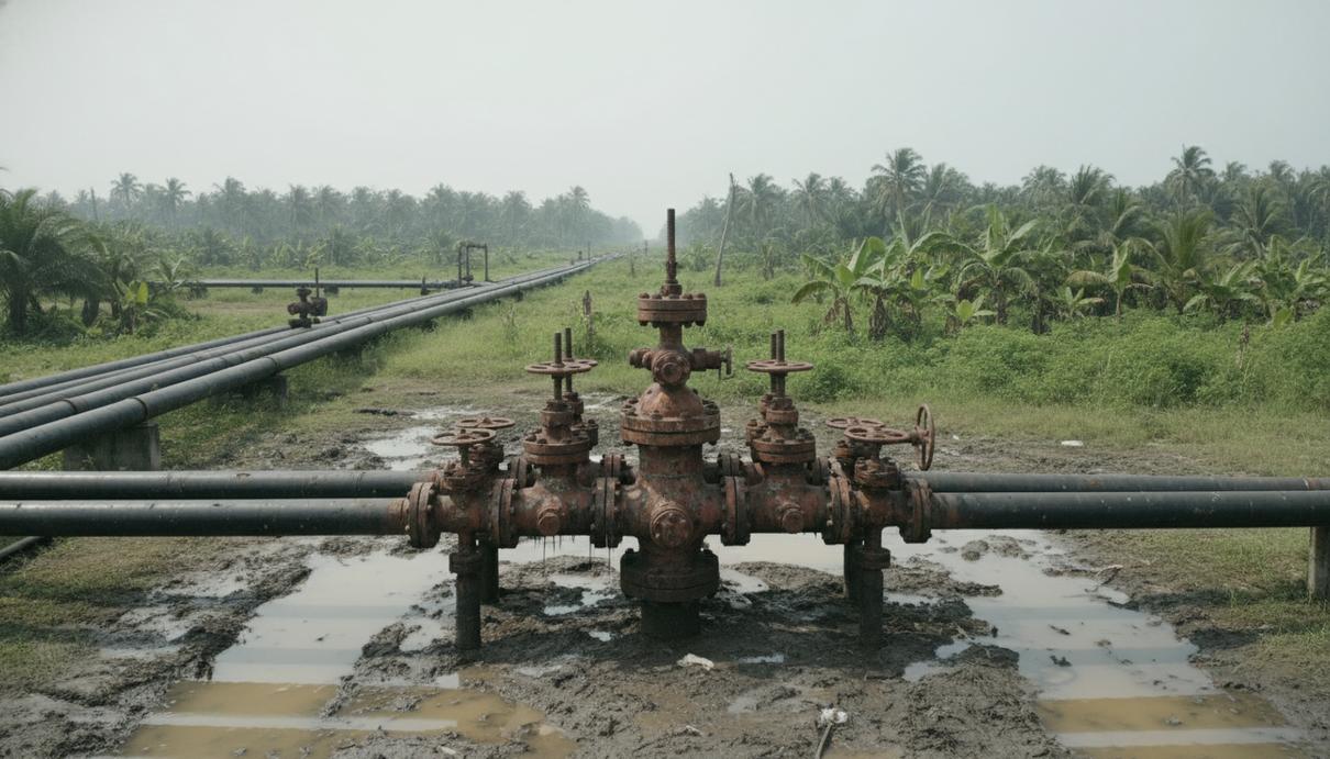 Промышленное оборудование нефтяной скважины и трубопровод в сельской местности Нигерии под дымчатым небом