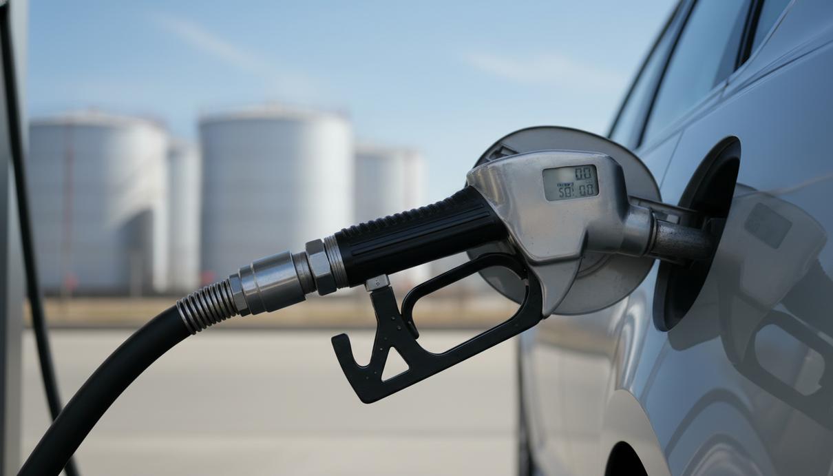 Заправочный пистолет на фоне размытых топливных резервуаров и чистого неба