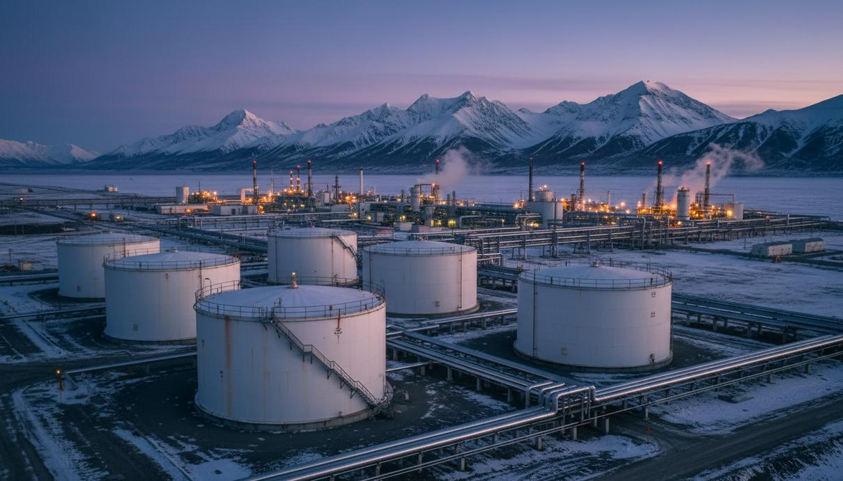 Промышленный нефтегазовый комплекс с резервуарами и трубопроводами на фоне гор Аляски.