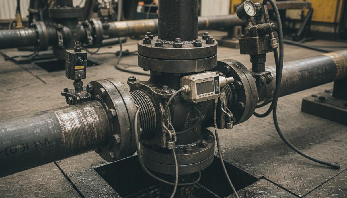 Промышленный датчик контроля свинчивания на соединении стальных труб на буровой площадке.