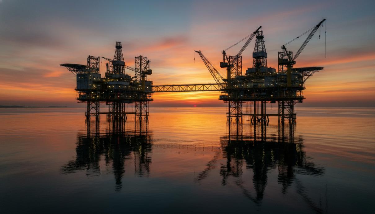 Морская нефтедобывающая платформа в открытом море на фоне закатного неба с техническими кранами